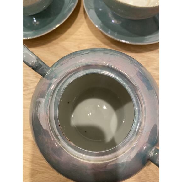 Lusterware Tea Set For 5 - Teapot, Sugar, Creamer, Cups & Saucers Japan Aqua - Picture 10 of 16